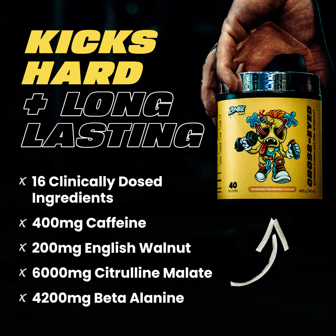 Zombie Labs Cross-Eyed Preworkout feature image with key benefits: 16 Clinically Dosed Ingredients, 400mg Caffeine, 200mg English Walnut, 6000mg Citrulline Malate, 4200mg Beta Alanine