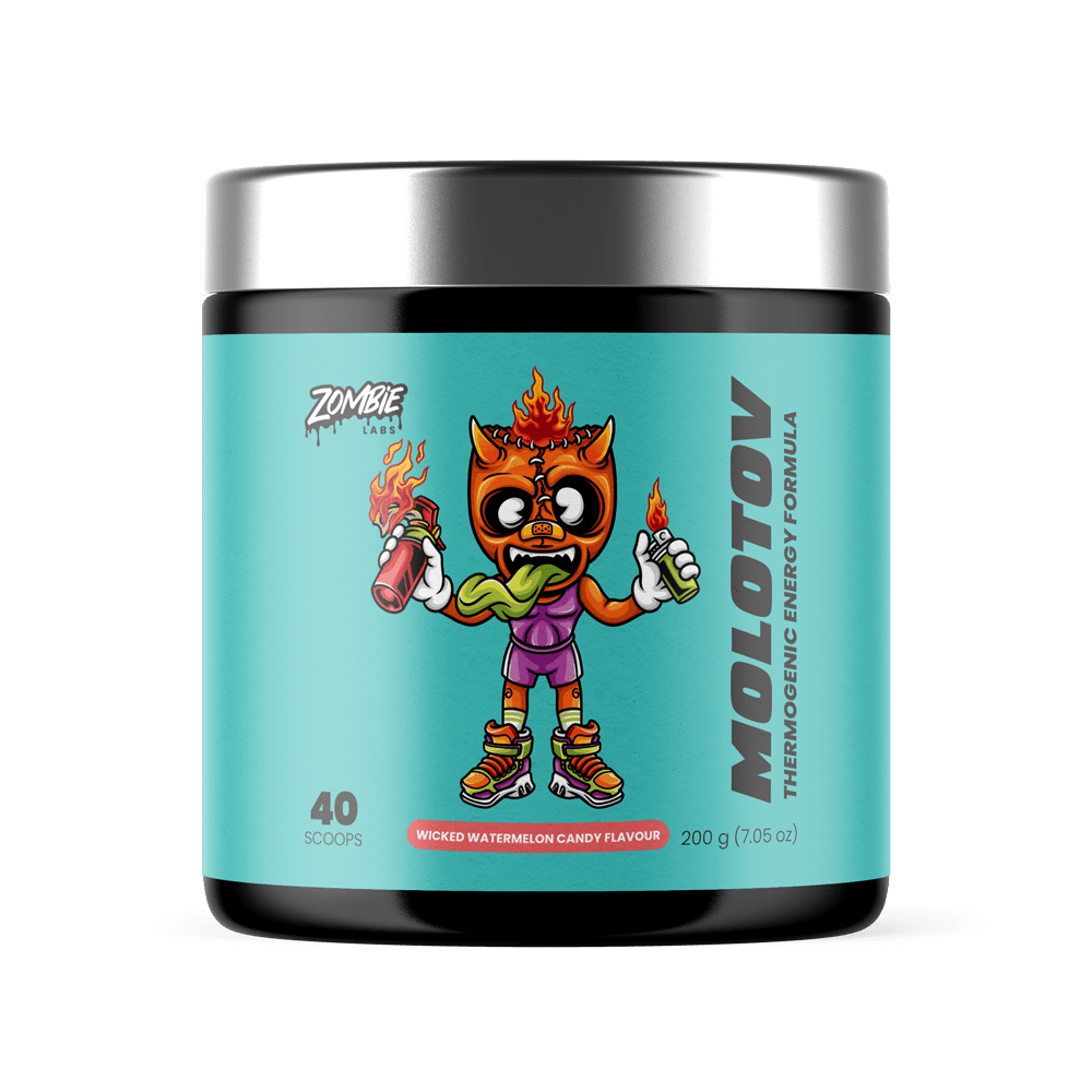 Blue Coloured tub of Zombie Labs Molotov Pre-Workout supplement in Wicked Watermelon Flavour with a colorful zombie character holding a shaker on fire illustration on the labe