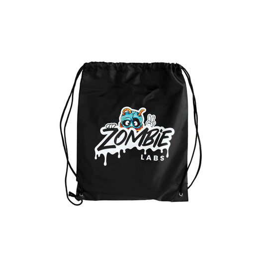 Black drawstring gym bag with bold Zombie Labs logo on the front, ideal for carrying workout essentials.