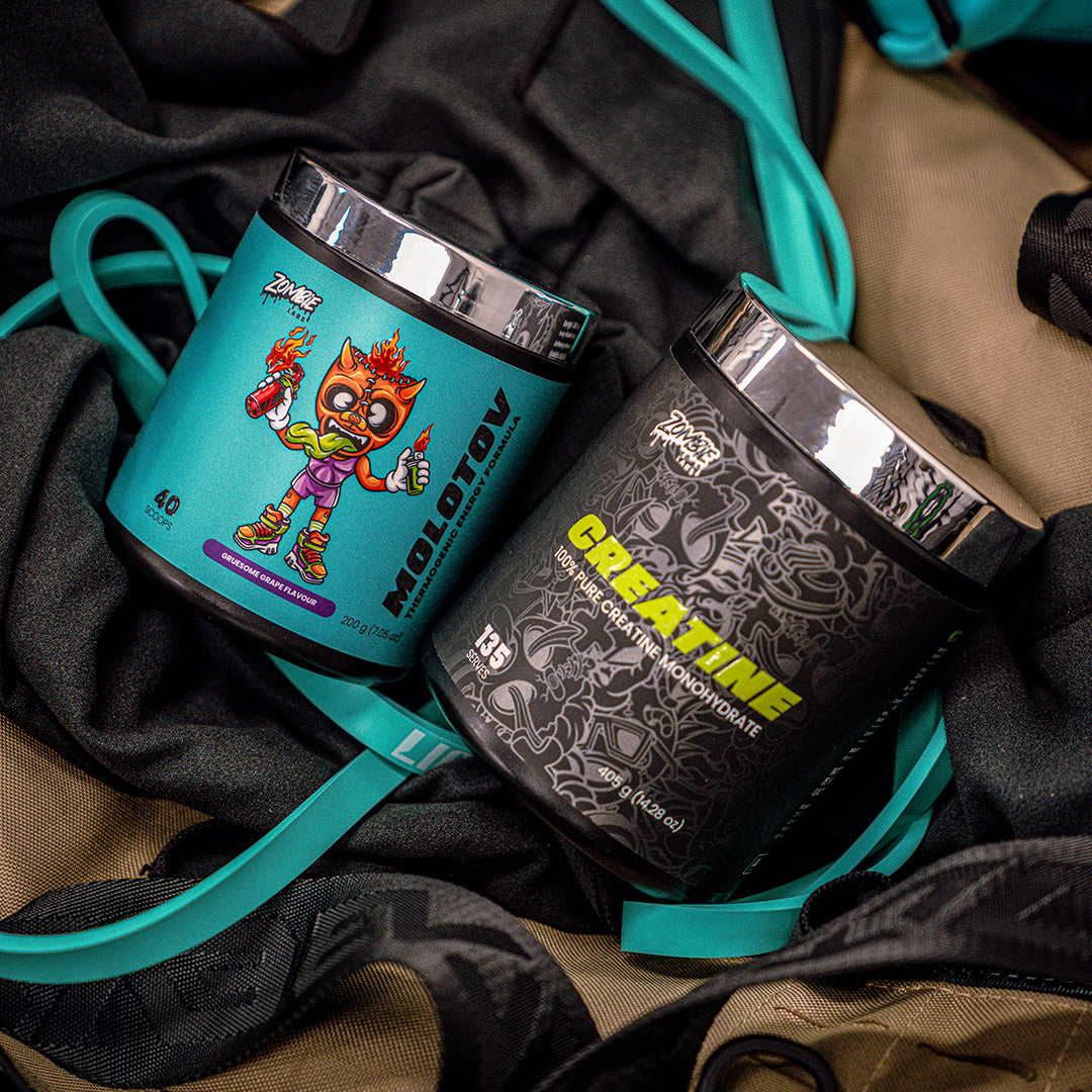 Zombie Labs Molotov Thermogenic Energy Formula in Gruesome Grape Flavour next to Zombie Labs Creatine in a gym bag